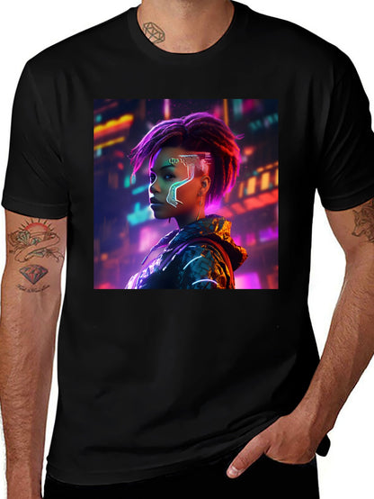 Cyberpunk Woman Graphic Tee - Futuristic Streetwear