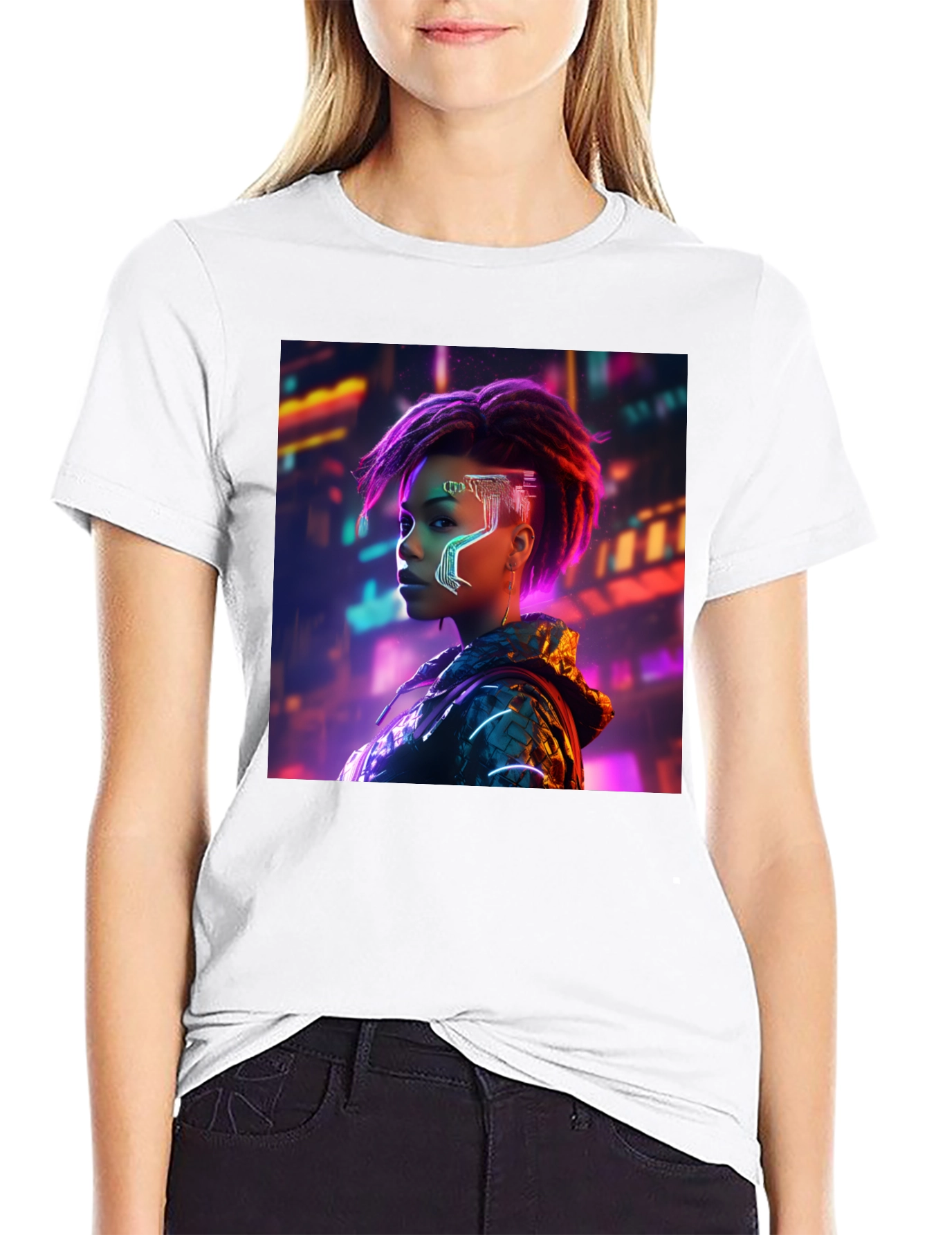 Cyberpunk Woman Graphic Tee - Futuristic Streetwear