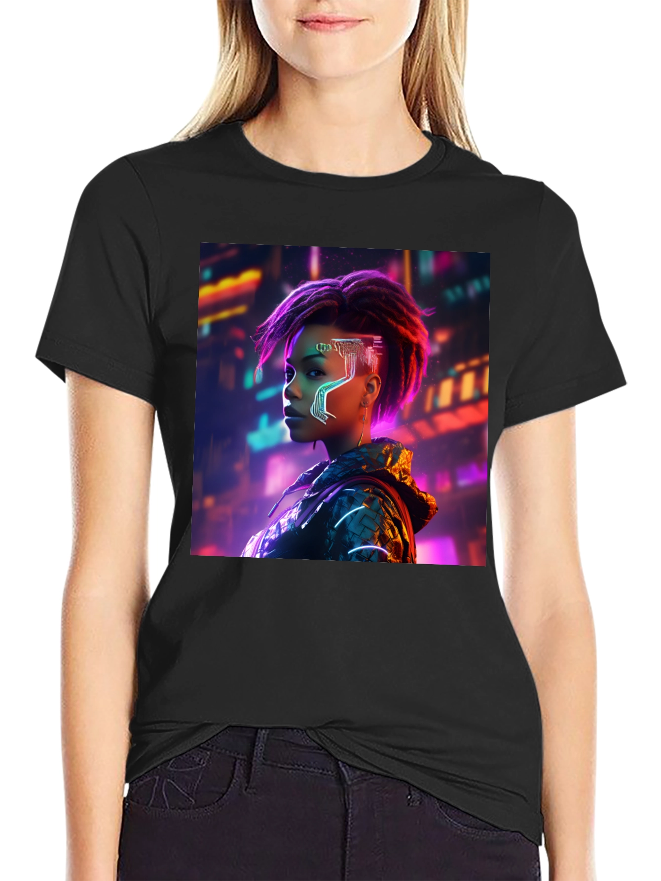 Cyberpunk Woman Graphic Tee - Futuristic Streetwear