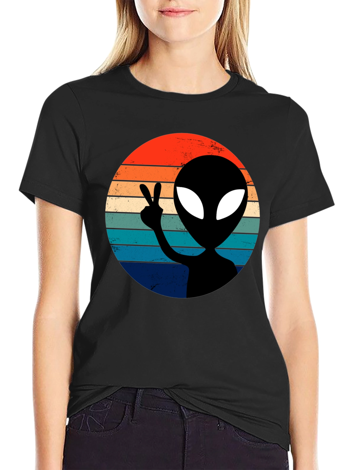 Retro Alien Peace T-Shirt - Black