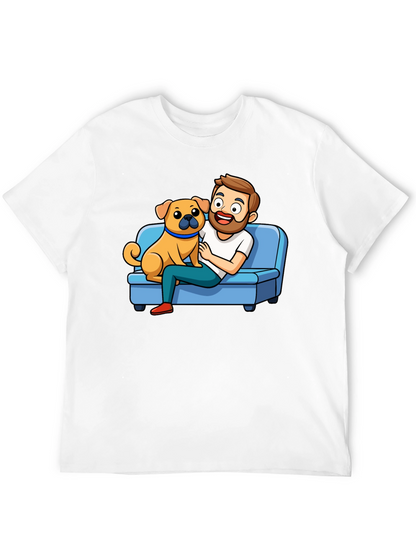 Mans Black T-Shirt: Cartoon Man & Dog Graphic