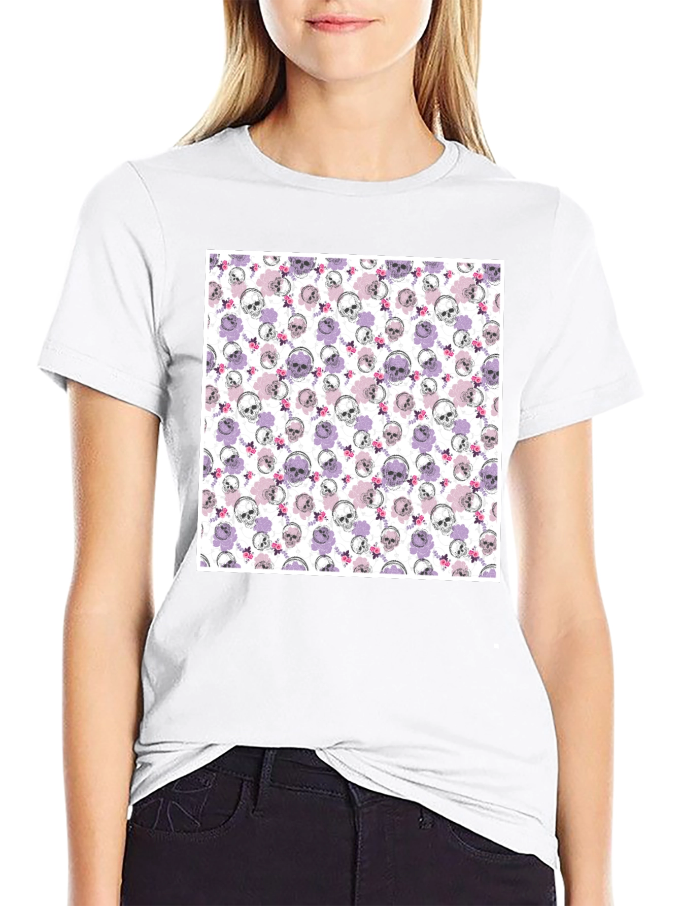 Skull & Floral Print Mens Black T-Shirt