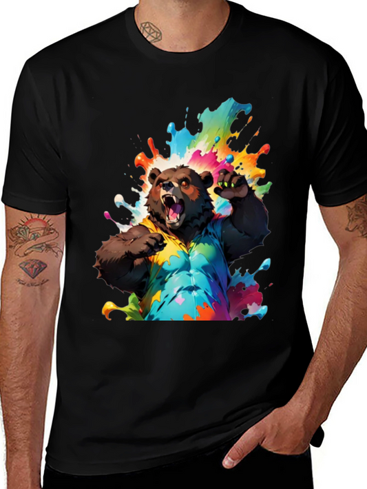 Bear in Paint Splatter T-Shirt - Mens Black Tee