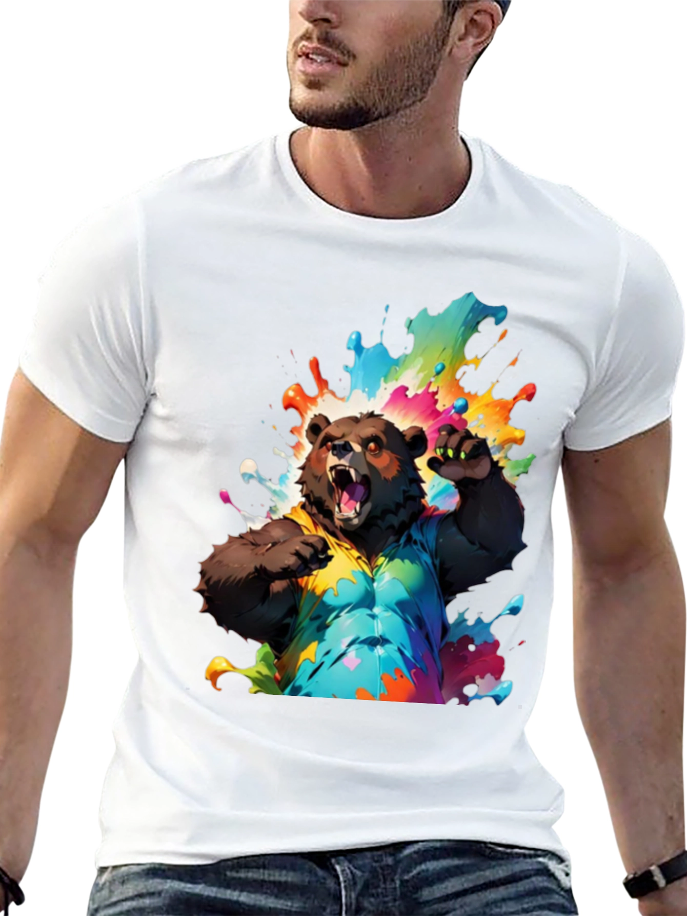 Bear in Paint Splatter T-Shirt - Mens Black Tee