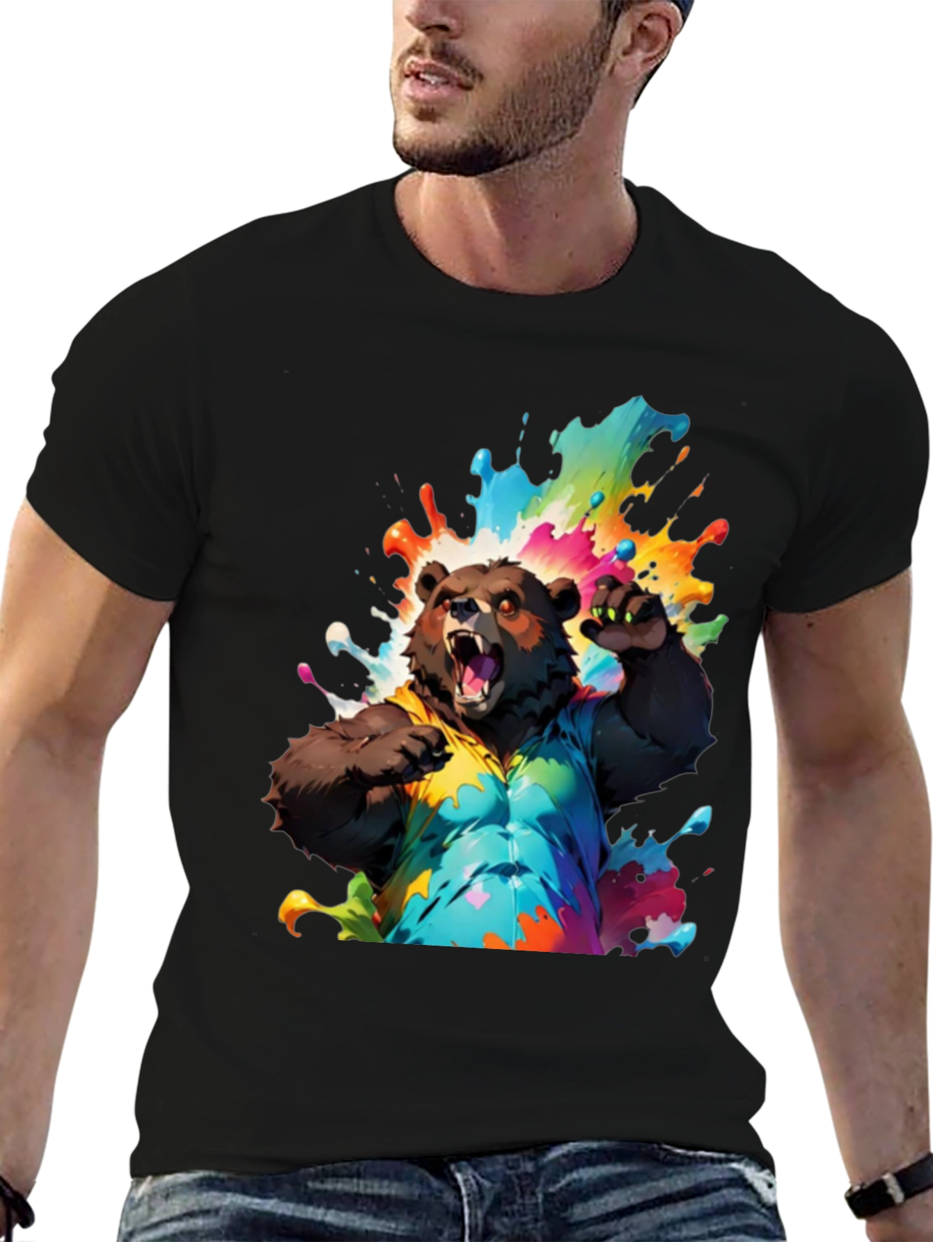 Bear in Paint Splatter T-Shirt - Mens Black Tee