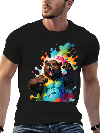 Bear in Paint Splatter T-Shirt - Mens Black Tee