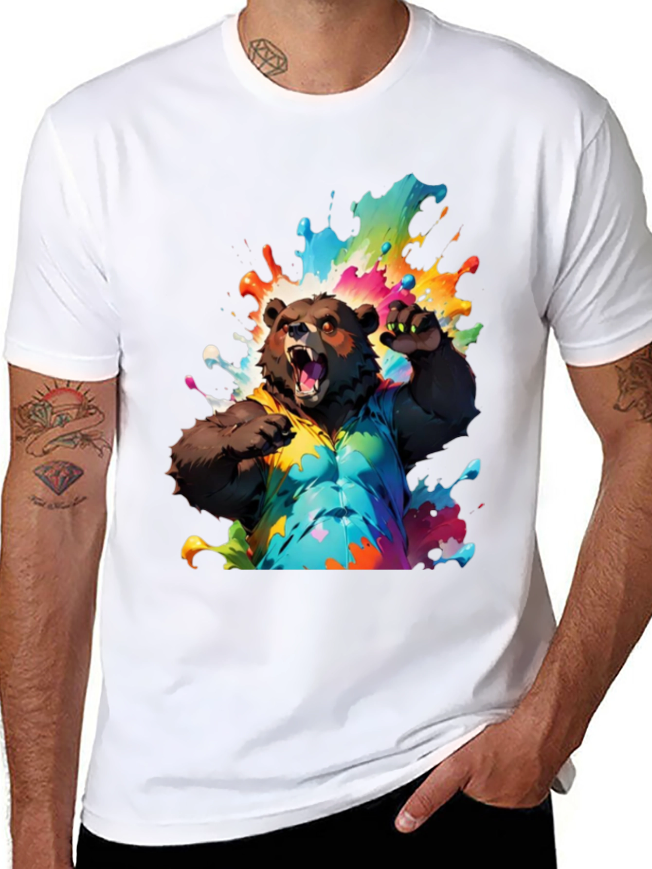 Bear in Paint Splatter T-Shirt - Mens Black Tee