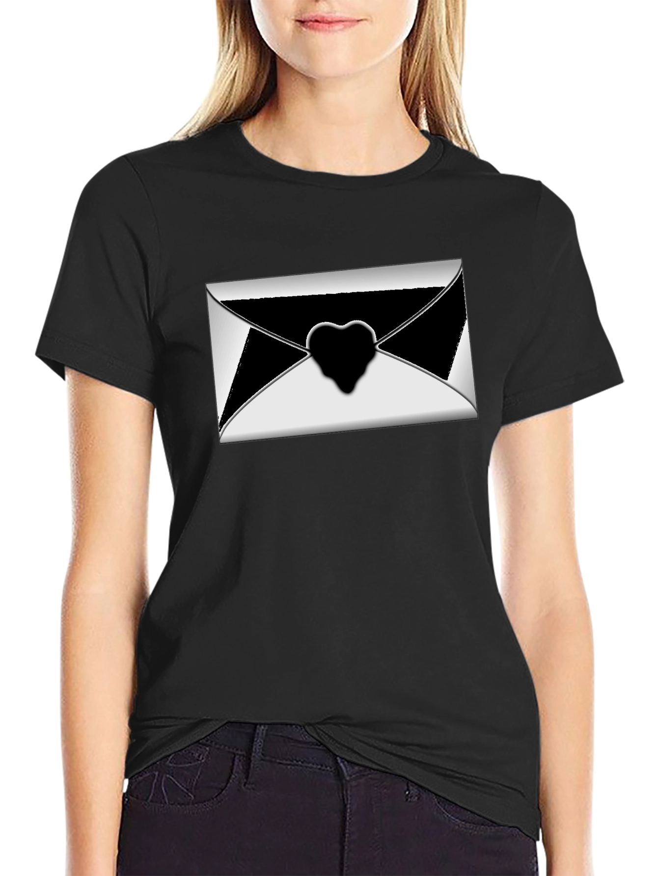 Stylish Black T-Shirt with Envelope Heart Graphic