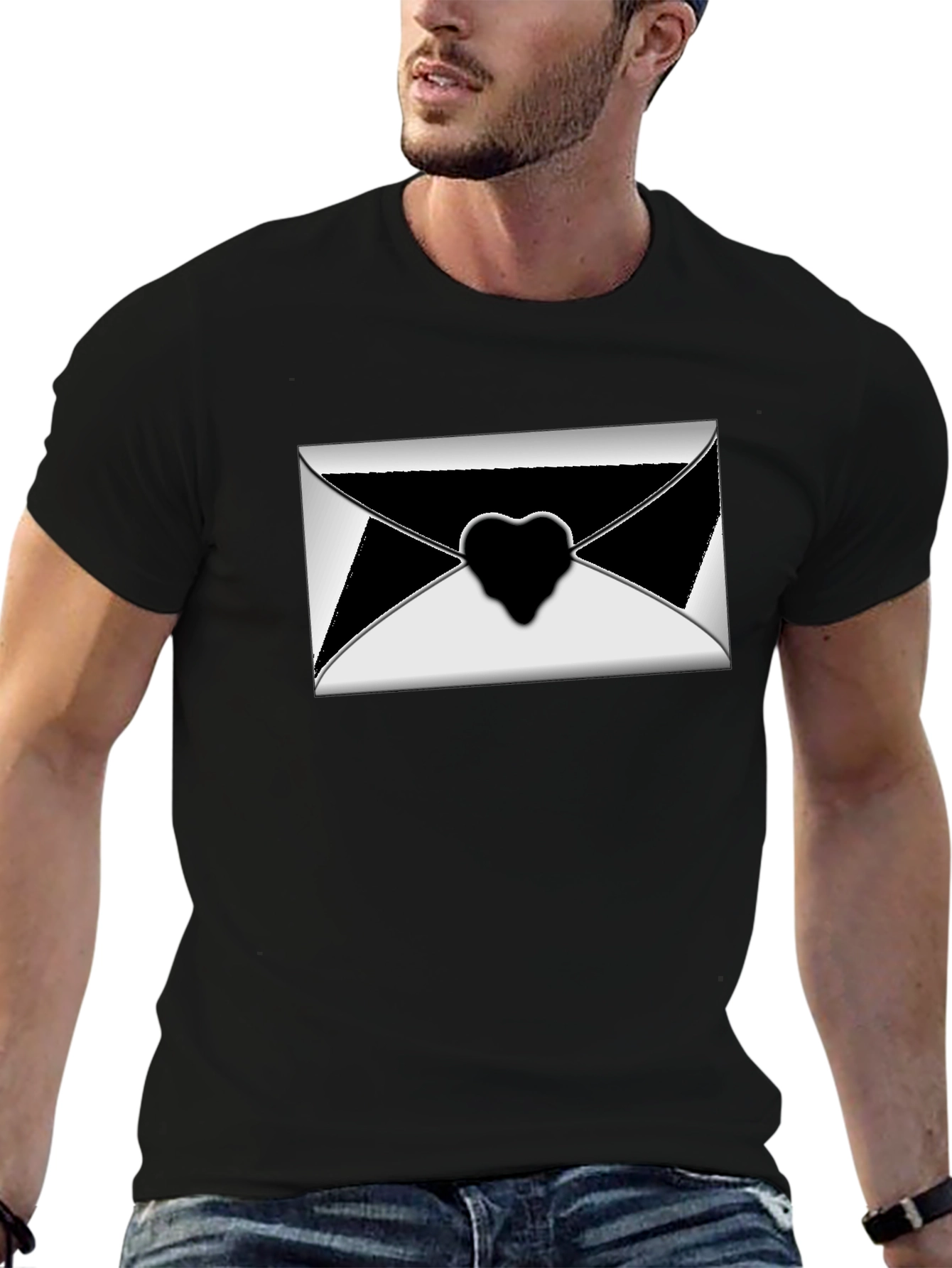 Stylish Black T-Shirt with Envelope Heart Graphic