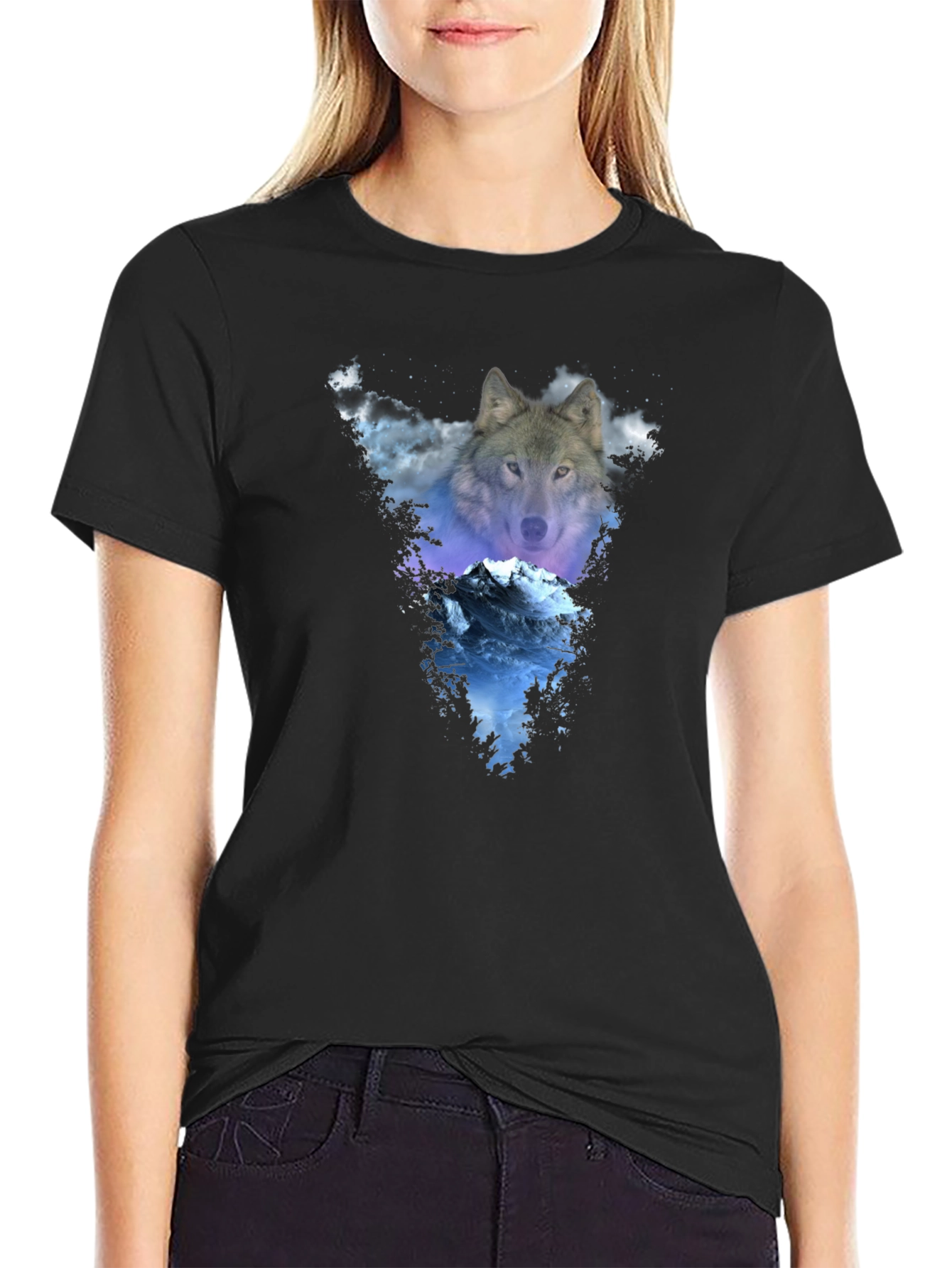 Wolf & Mountain Graphic Black T-Shirt