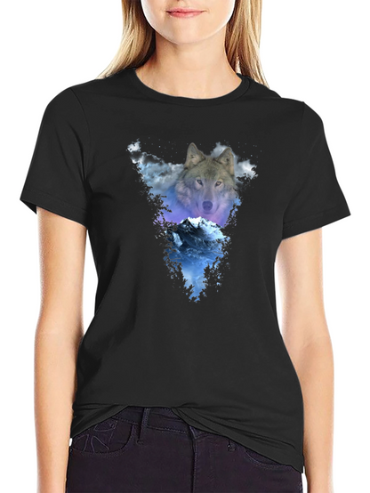 Wolf & Mountain Graphic Black T-Shirt