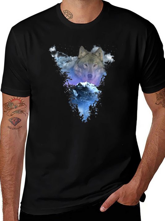 Wolf & Mountain Graphic Black T-Shirt