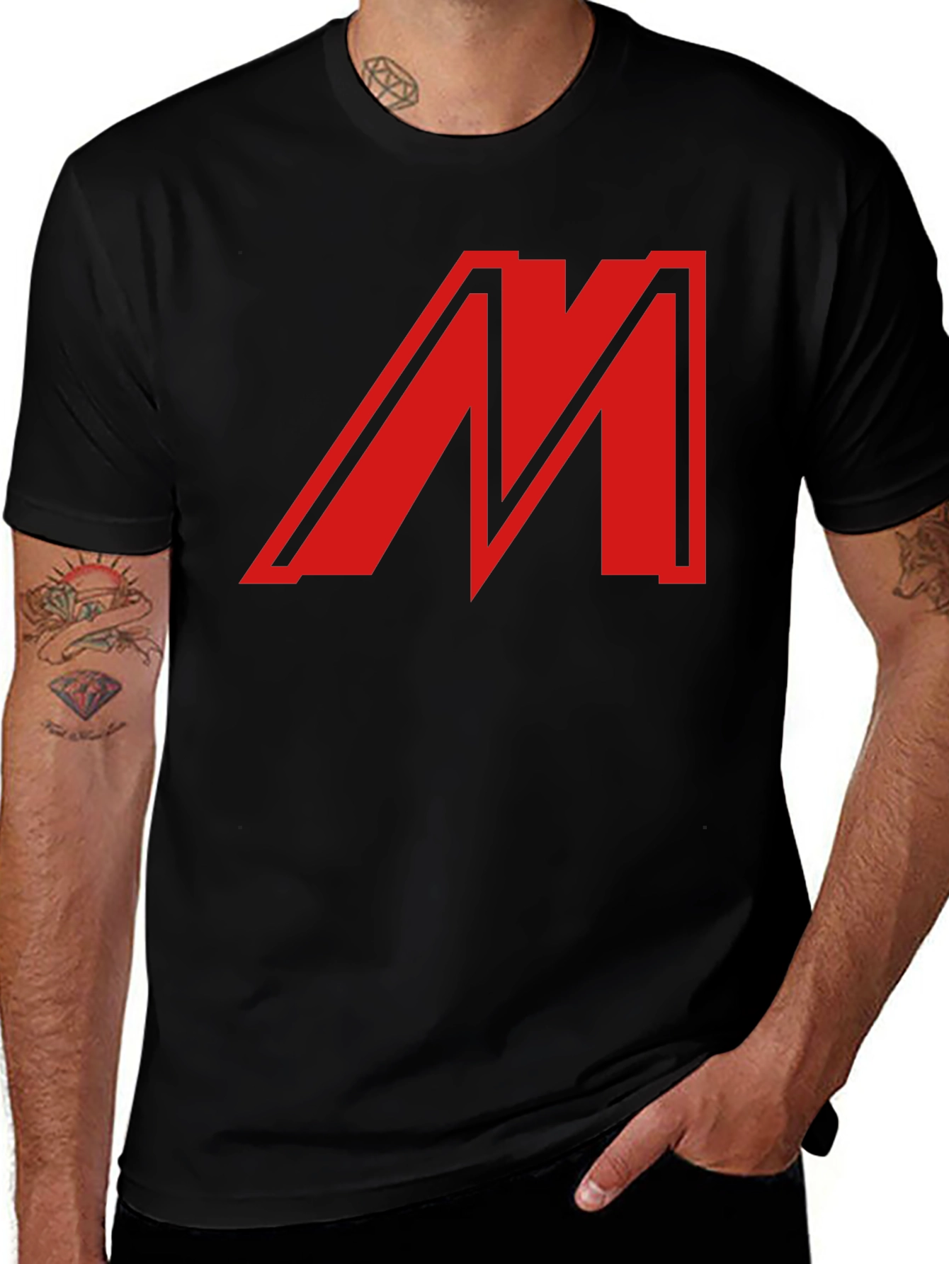 Bold Red M Graphic Black T-Shirt - Classic Style