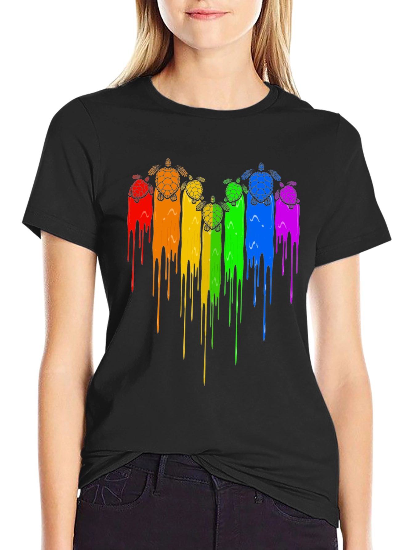 Rainbow Turtle Drip Graphic Tee - Black