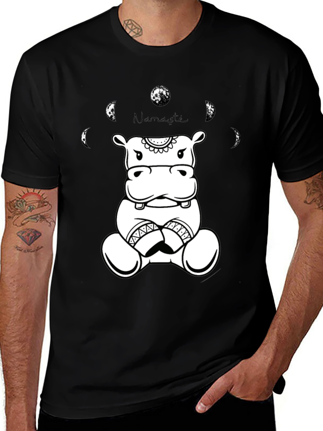 Namaste Hippo Graphic Tee - Black Cotton T-Shirt