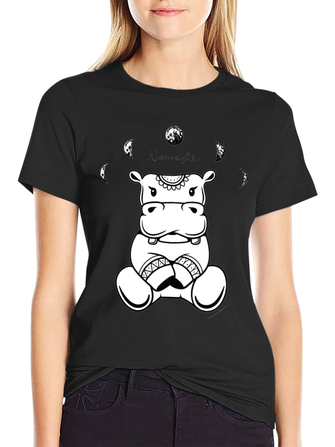 Namaste Hippo Graphic Tee - Black Cotton T-Shirt