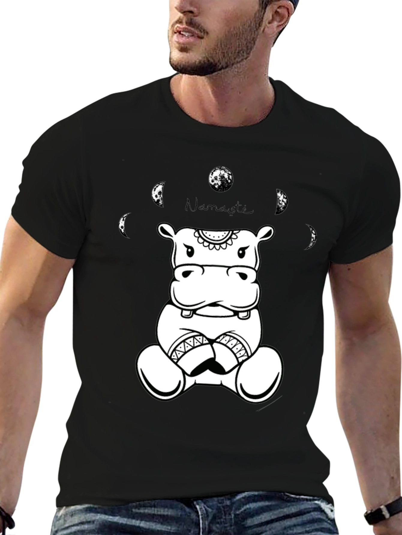 Namaste Hippo Graphic Tee - Black Cotton T-Shirt