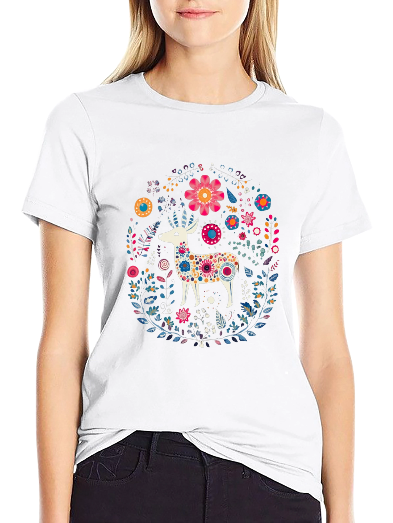 Floral Deer Graphic Tee - Black Cotton T-Shirt