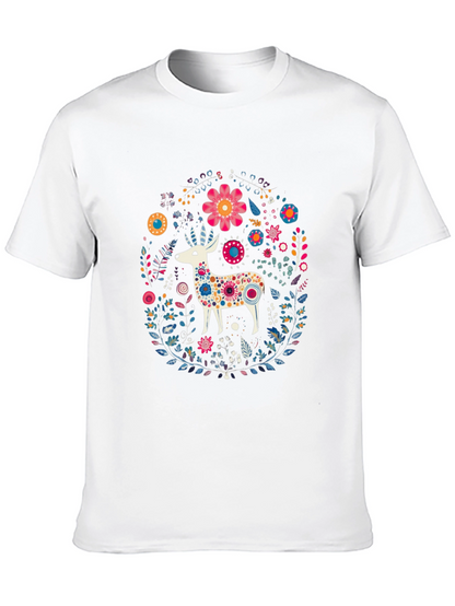 Floral Deer Graphic Tee - Black Cotton T-Shirt
