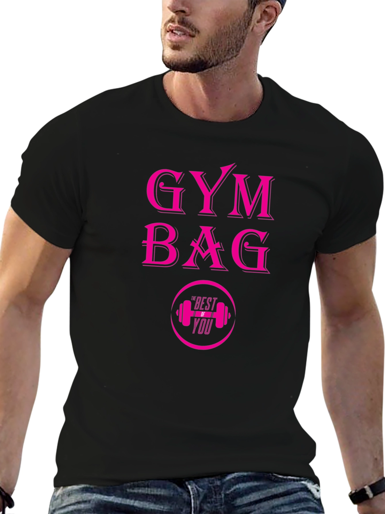 Gym Bag Pink Graphic Black T-Shirt