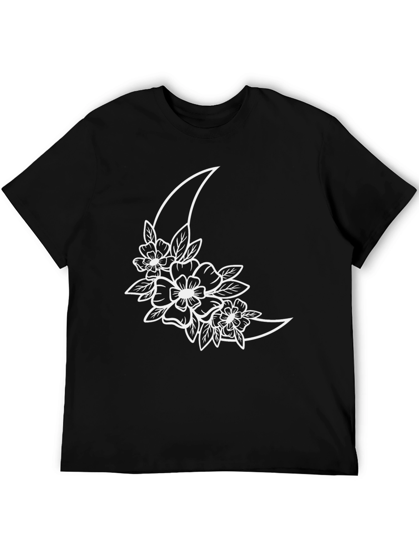 Floral Moon Graphic Tee - Black Cotton T-Shirt