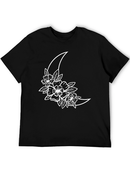 Floral Moon Graphic Tee - Black Cotton T-Shirt