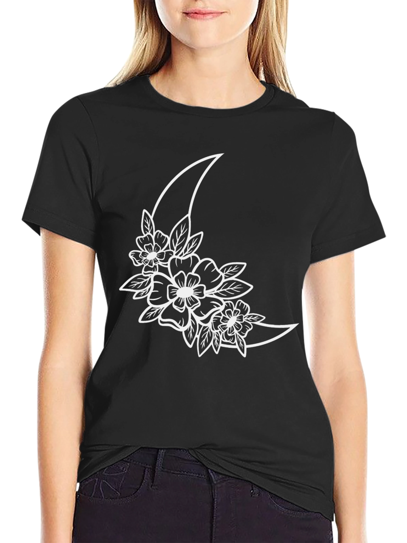 Floral Moon Graphic Tee - Black Cotton T-Shirt