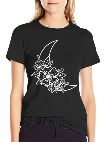 Floral Moon Graphic Tee - Black Cotton T-Shirt