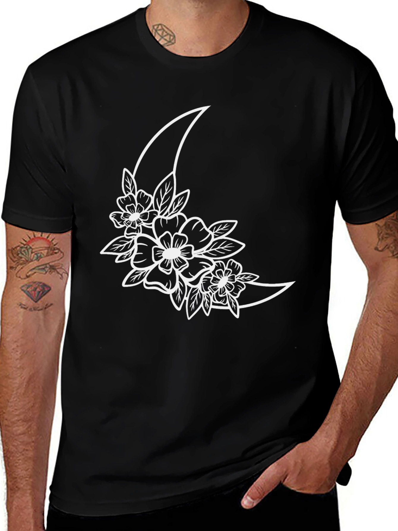 Floral Moon Graphic Tee - Black Cotton T-Shirt