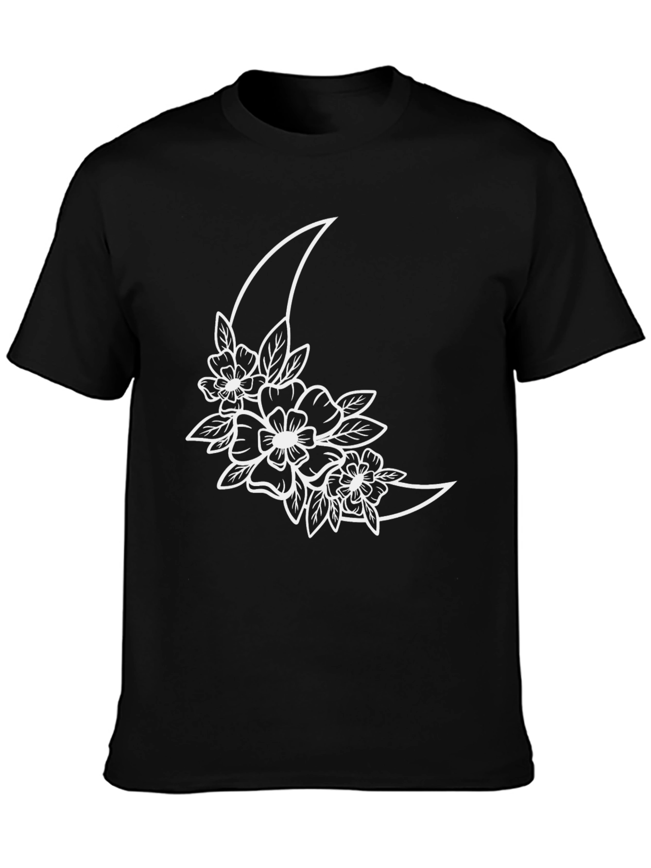 Floral Moon Graphic Tee - Black Cotton T-Shirt