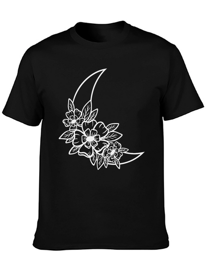 Floral Moon Graphic Tee - Black Cotton T-Shirt