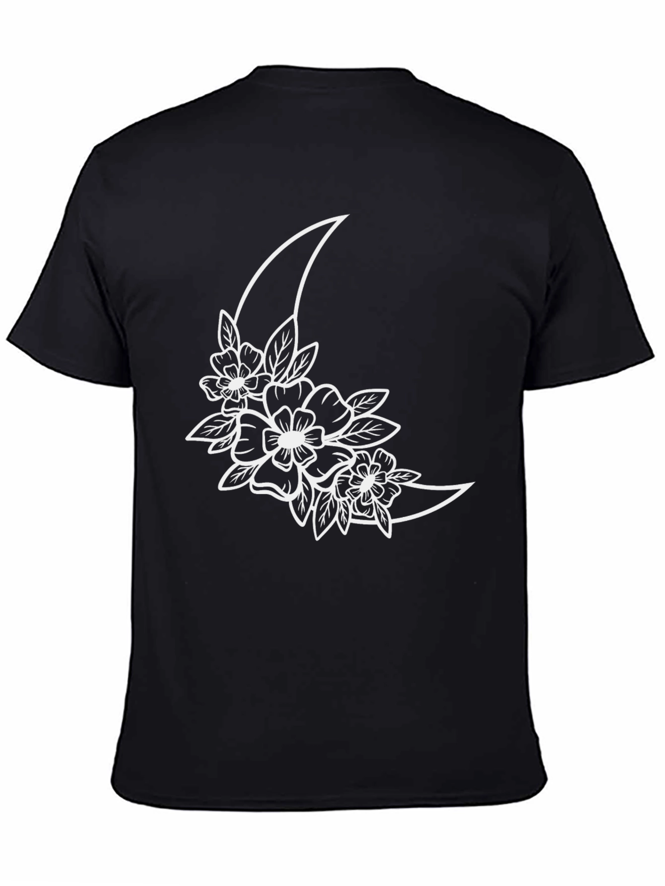 Floral Moon Graphic Tee - Black Cotton T-Shirt