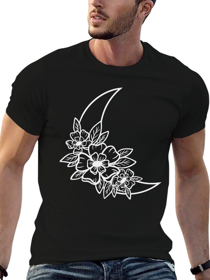 Floral Moon Graphic Tee - Black Cotton T-Shirt