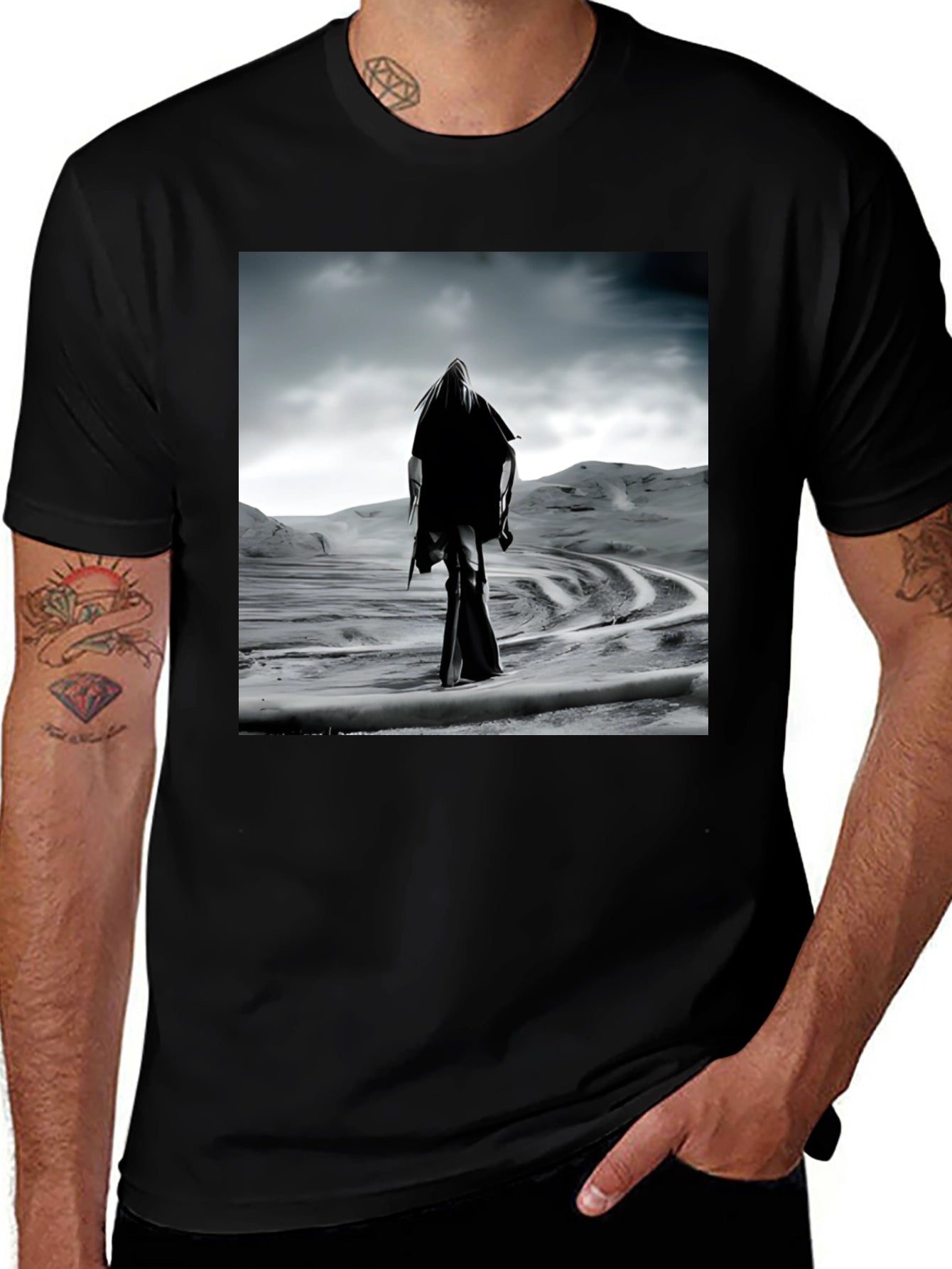 Mystic Wanderer Graphic Tee - Black Cotton Comfort
