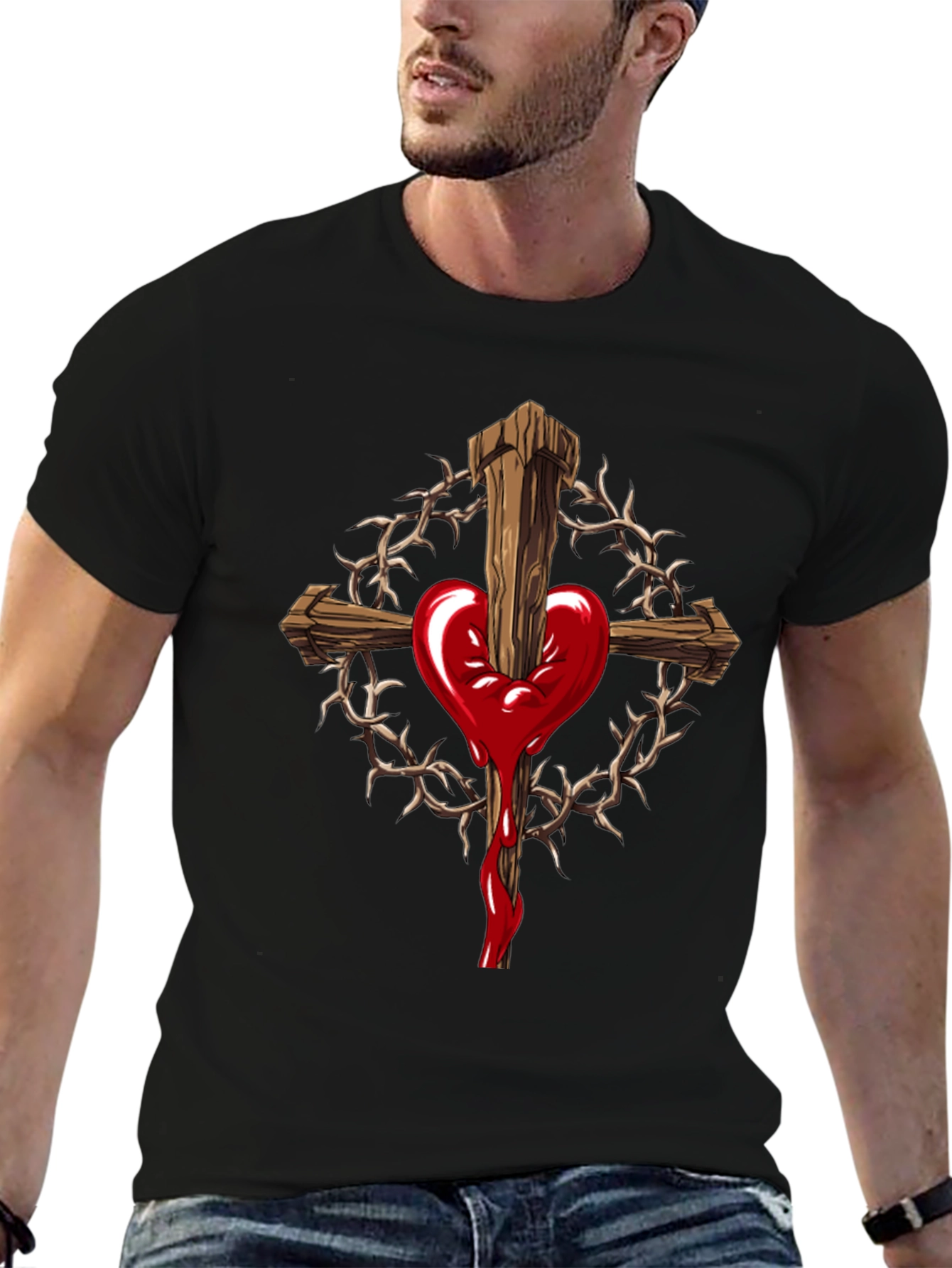 Heart Cross Graphic Black T-Shirt