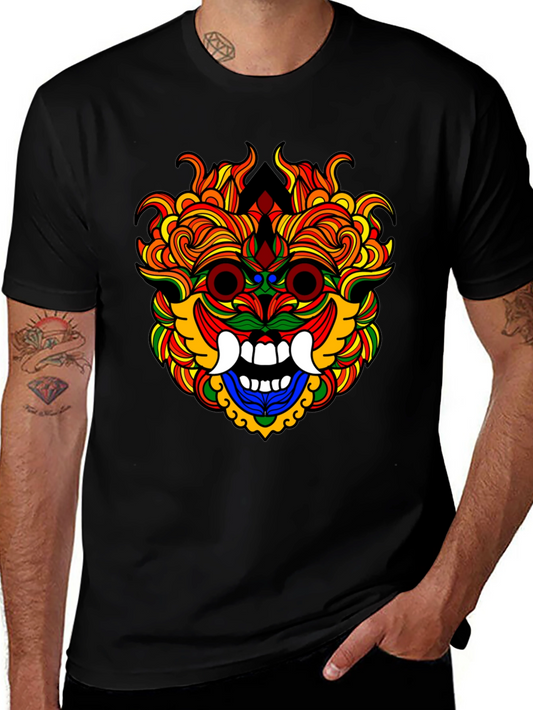 Colorful Balinese Mask Graphic T-Shirt - Black