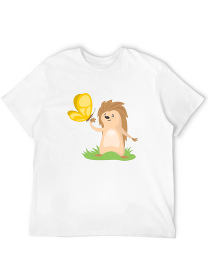 Cute Hedgehog & Butterfly Black T-Shirt