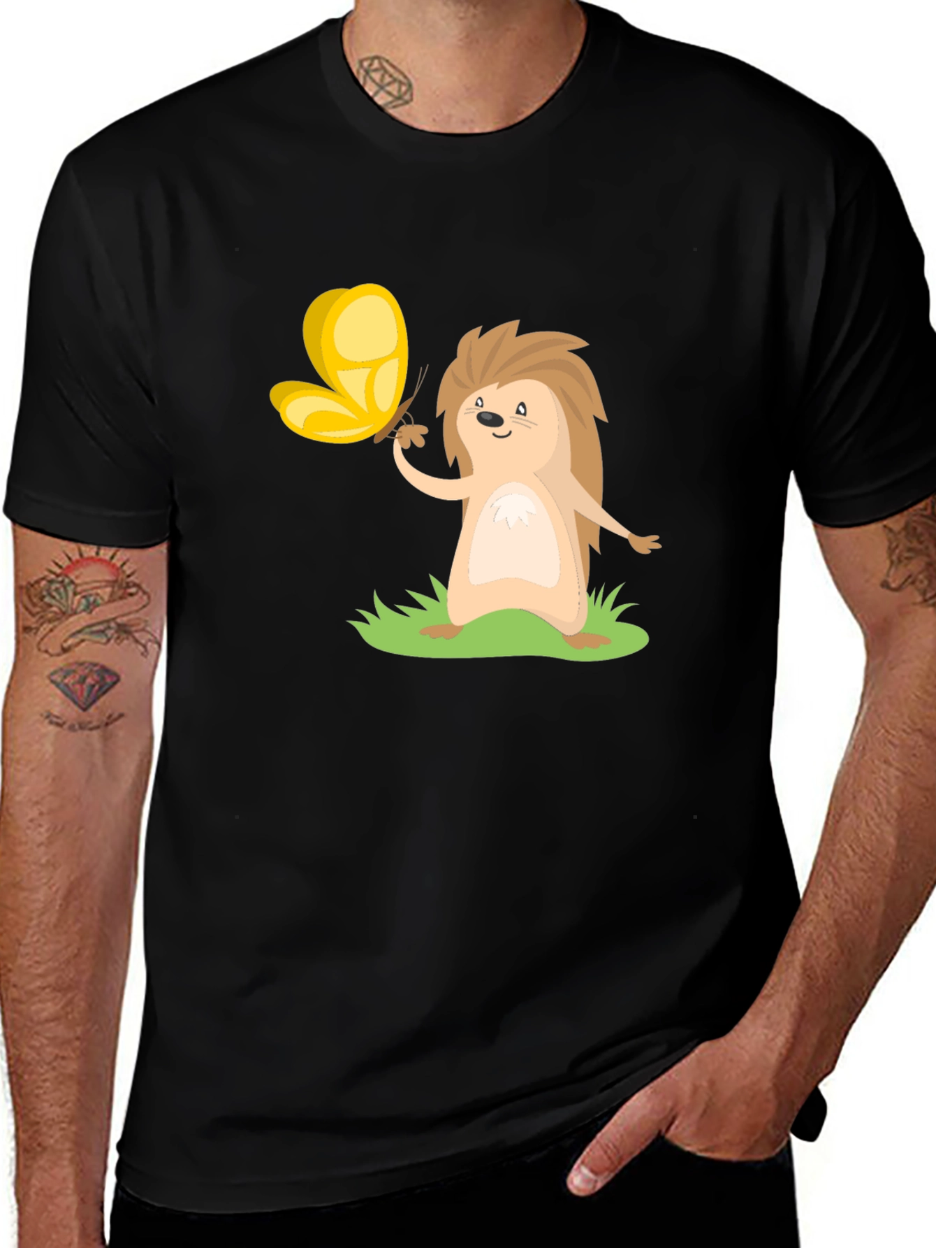 Cute Hedgehog & Butterfly Black T-Shirt