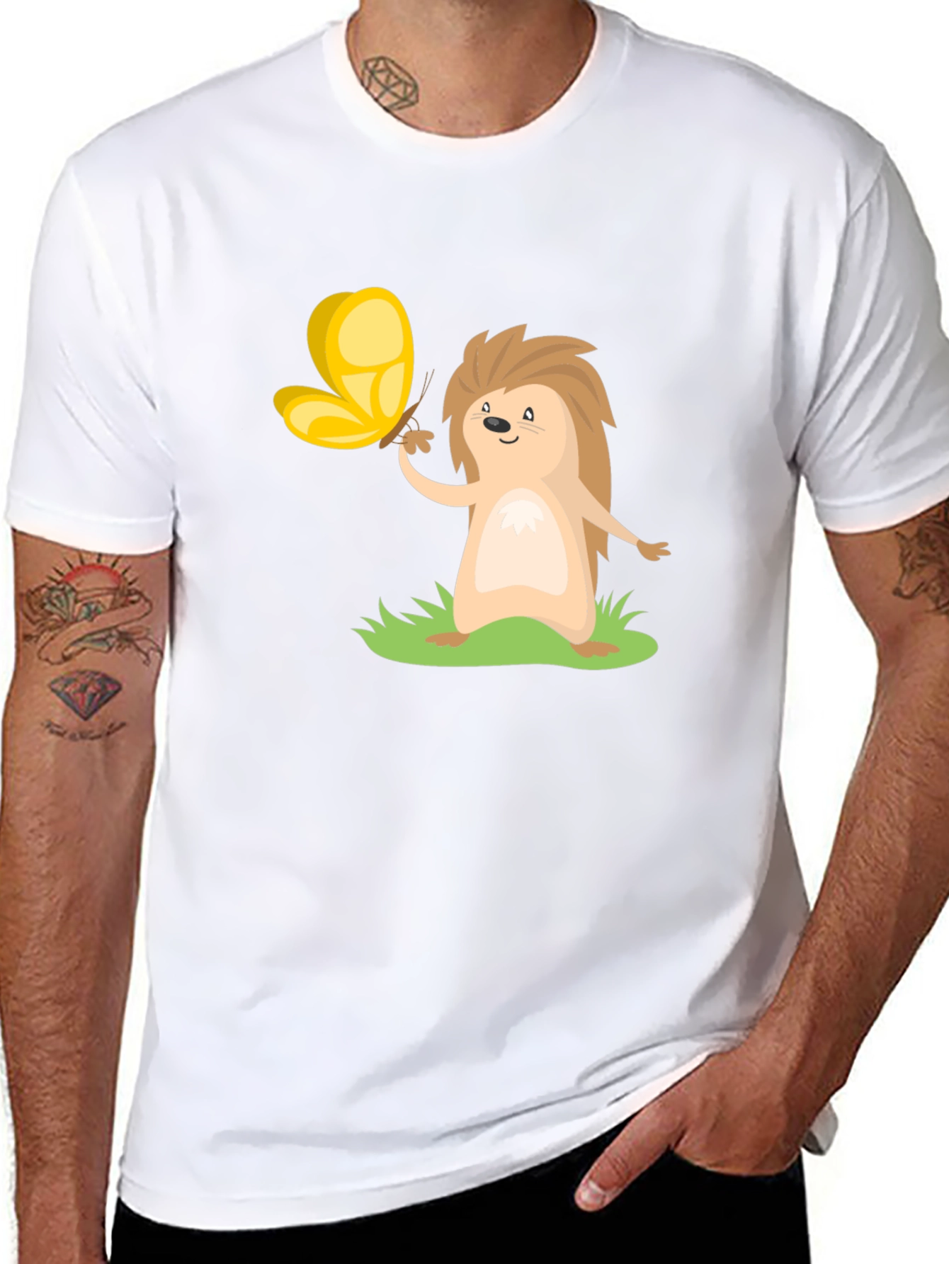 Cute Hedgehog & Butterfly Black T-Shirt