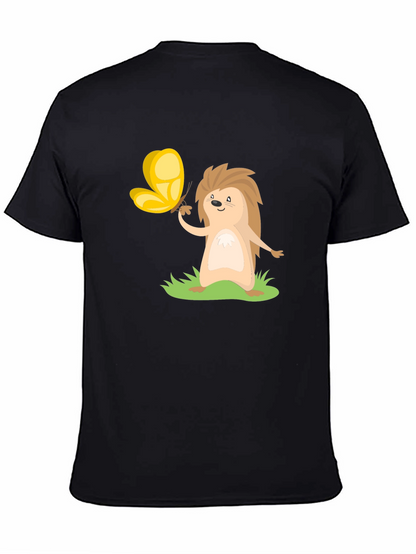 Cute Hedgehog & Butterfly Black T-Shirt