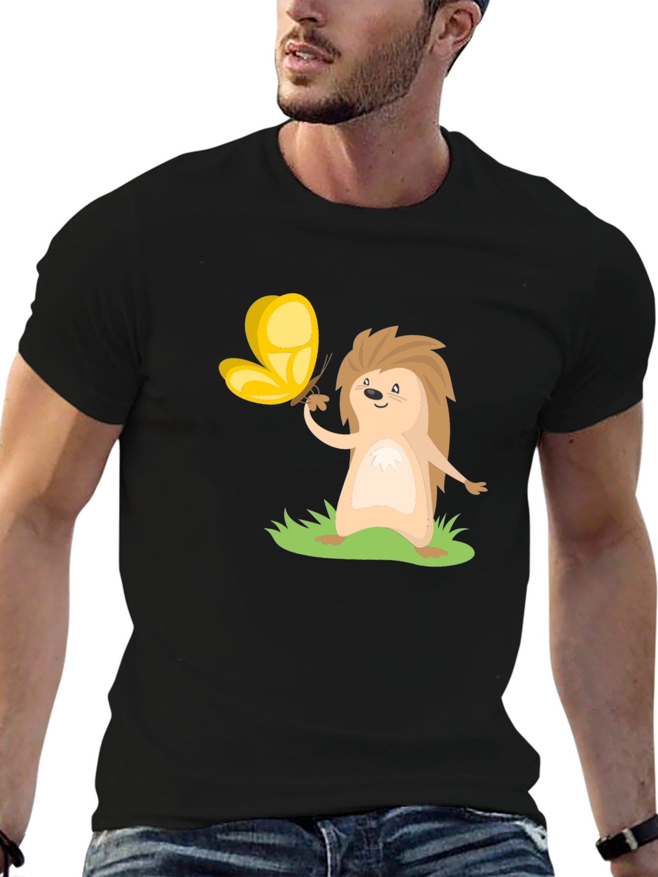 Cute Hedgehog & Butterfly Black T-Shirt