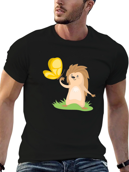 Cute Hedgehog & Butterfly Black T-Shirt
