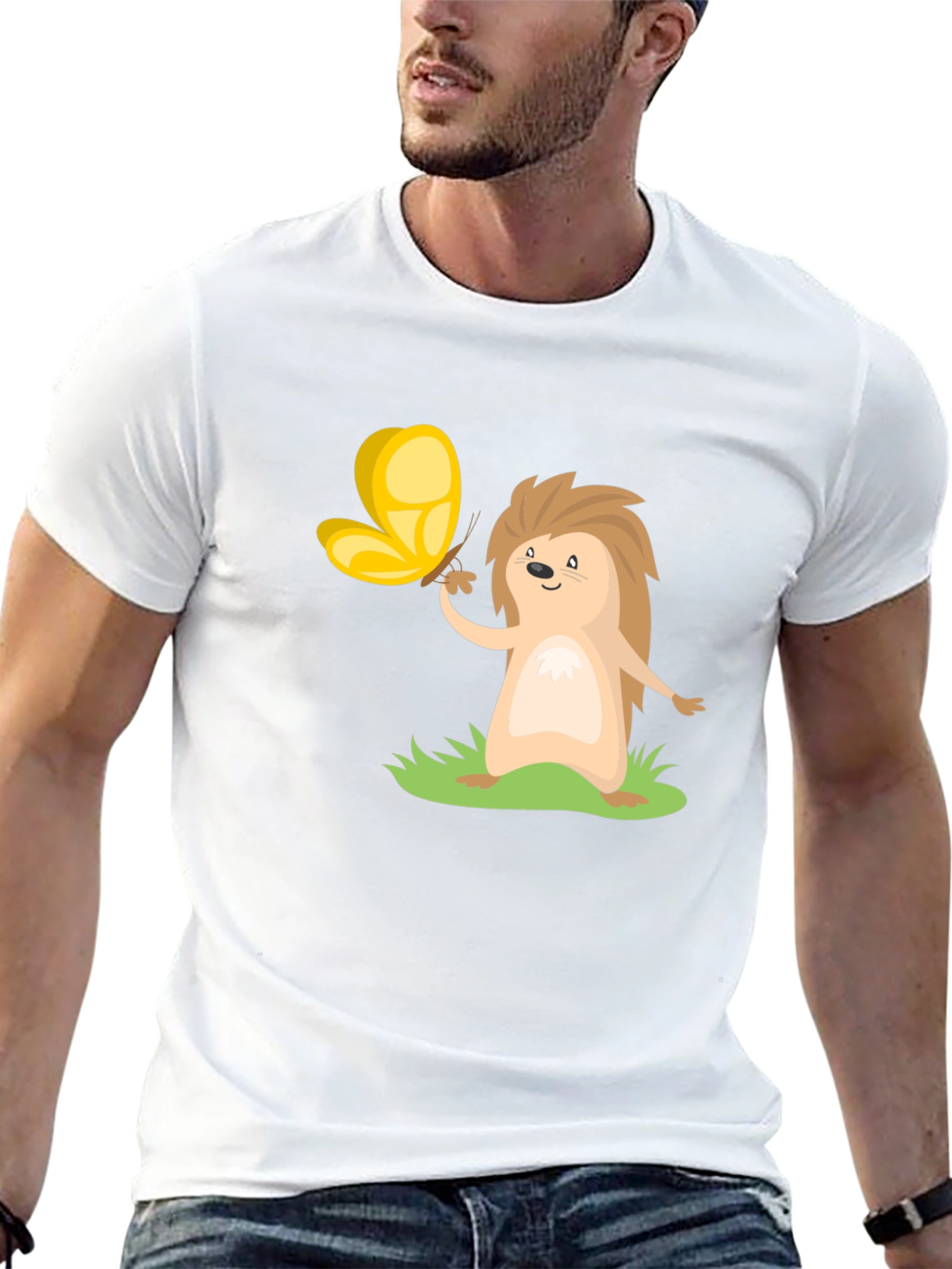 Cute Hedgehog & Butterfly Black T-Shirt