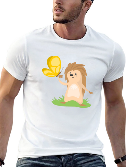 Cute Hedgehog & Butterfly Black T-Shirt