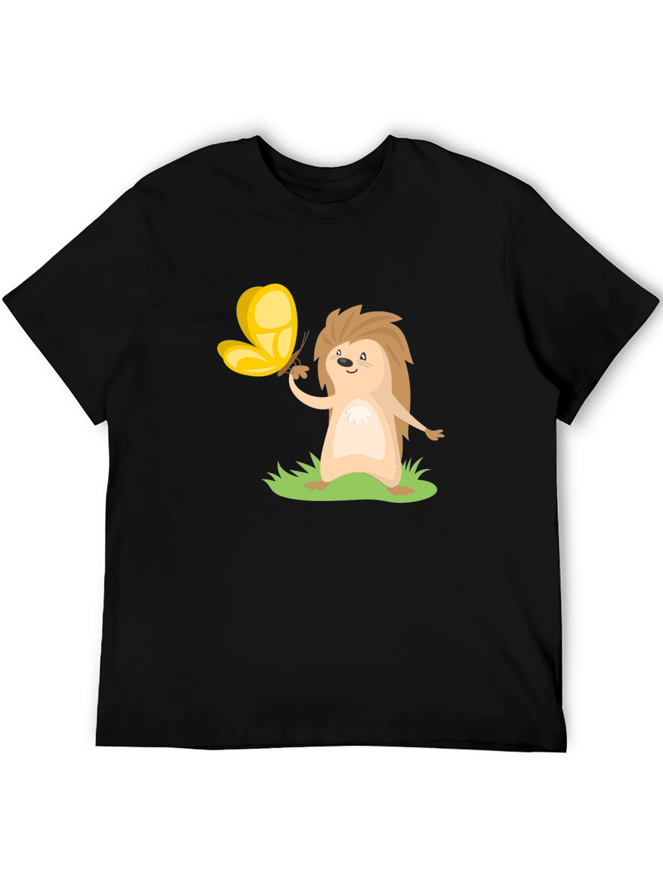 Cute Hedgehog & Butterfly Black T-Shirt