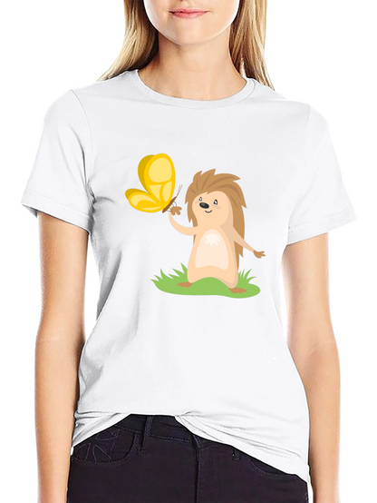Cute Hedgehog & Butterfly Black T-Shirt