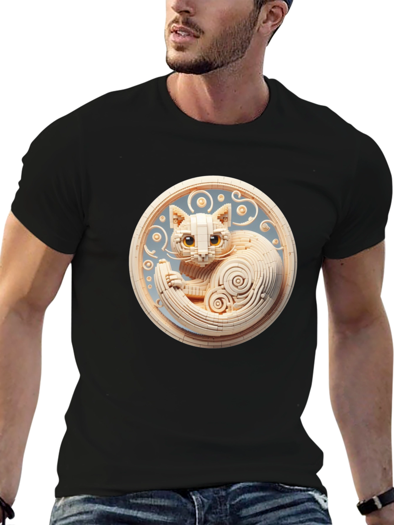Black T-Shirt with 3D Cat Design