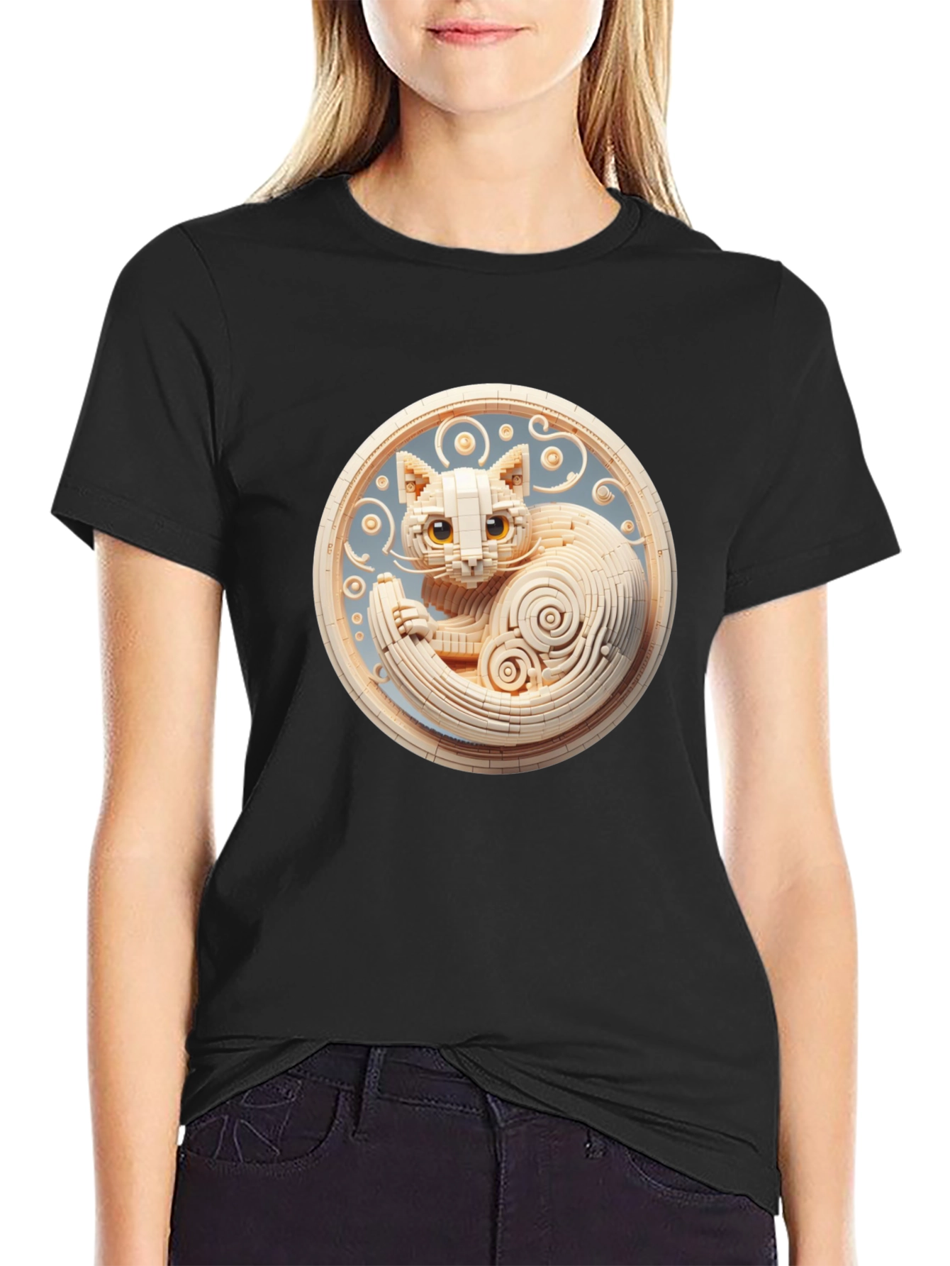 Black T-Shirt with 3D Cat Design