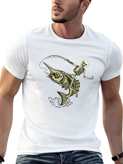 Skeleton Fishing Marlin T-Shirt - Black Cotton