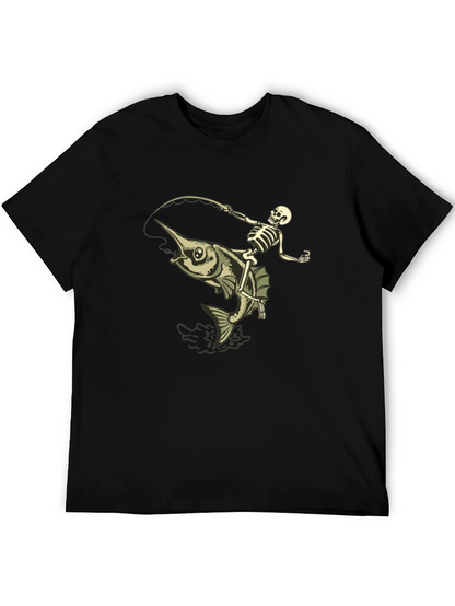 Skeleton Fishing Marlin T-Shirt - Black Cotton